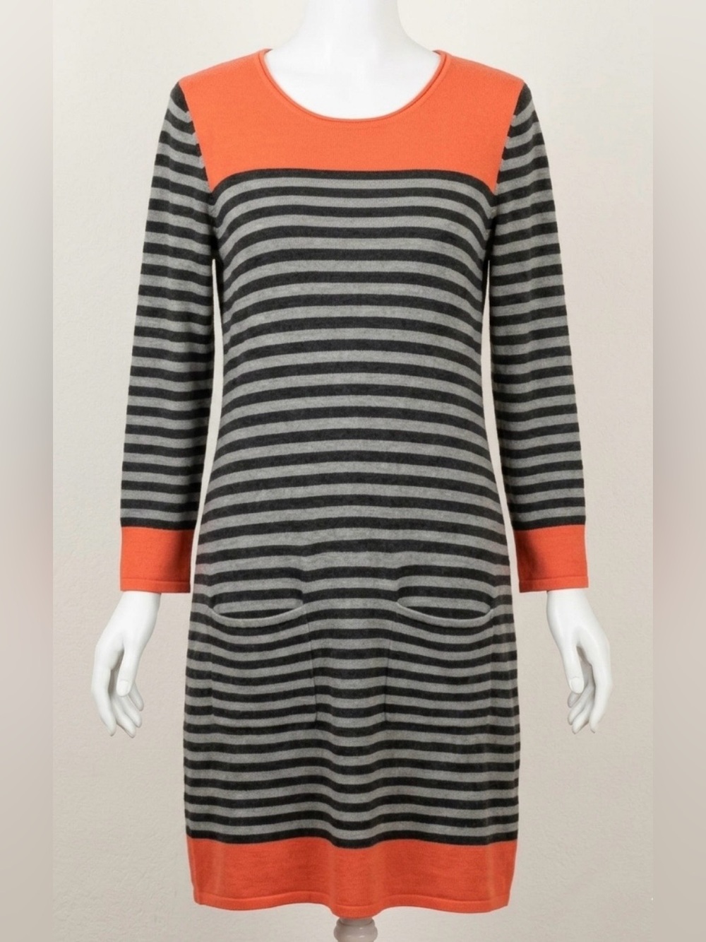 Siena Studio Striped Sweater Dress Medium Gray Black Orange Colorblock Pockets